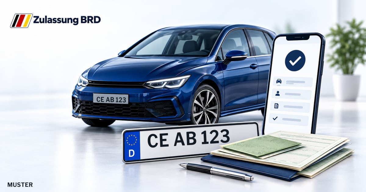 Online Fahrzeugzulassung in Winsen (Aller): Musterkennzeichen CE AB 123, Auto und Fahrzeugpapiere und Smartphone. Illustration mit Logo von Zulassung BRD.